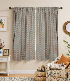 Boho Style Handcrafted Linen Curtains  Peach & Grey Floral Block Print Jhroka Window Drapes