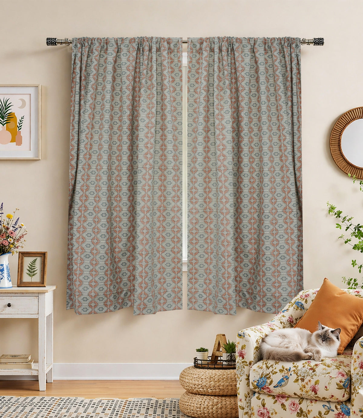 Boho Style Handcrafted Linen Curtains  Peach & Grey Floral Block Print Jhroka Window Drapes