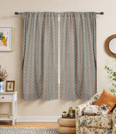 Boho Style Handcrafted Linen Curtains  Peach & Grey Floral Block Print Jhroka Window Drapes