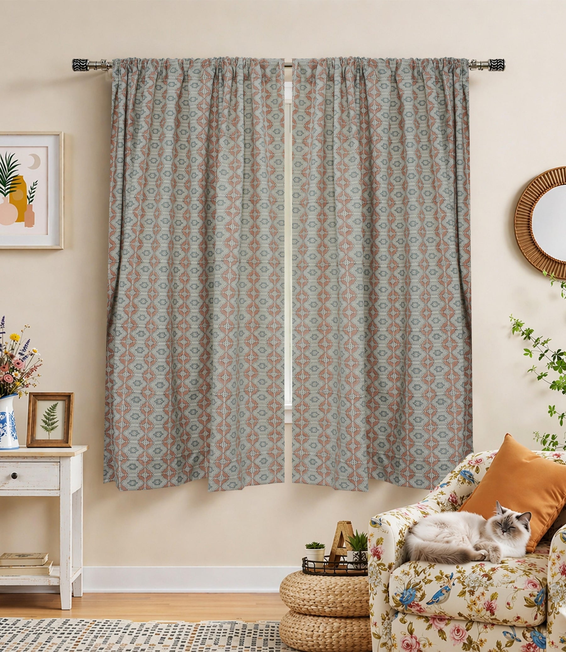 Boho Style Handcrafted Linen Curtains  Peach & Grey Floral Block Print Jhroka Window Drapes