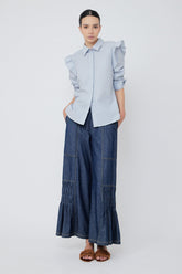 Bobi Ruffle Detail Striped Blouse