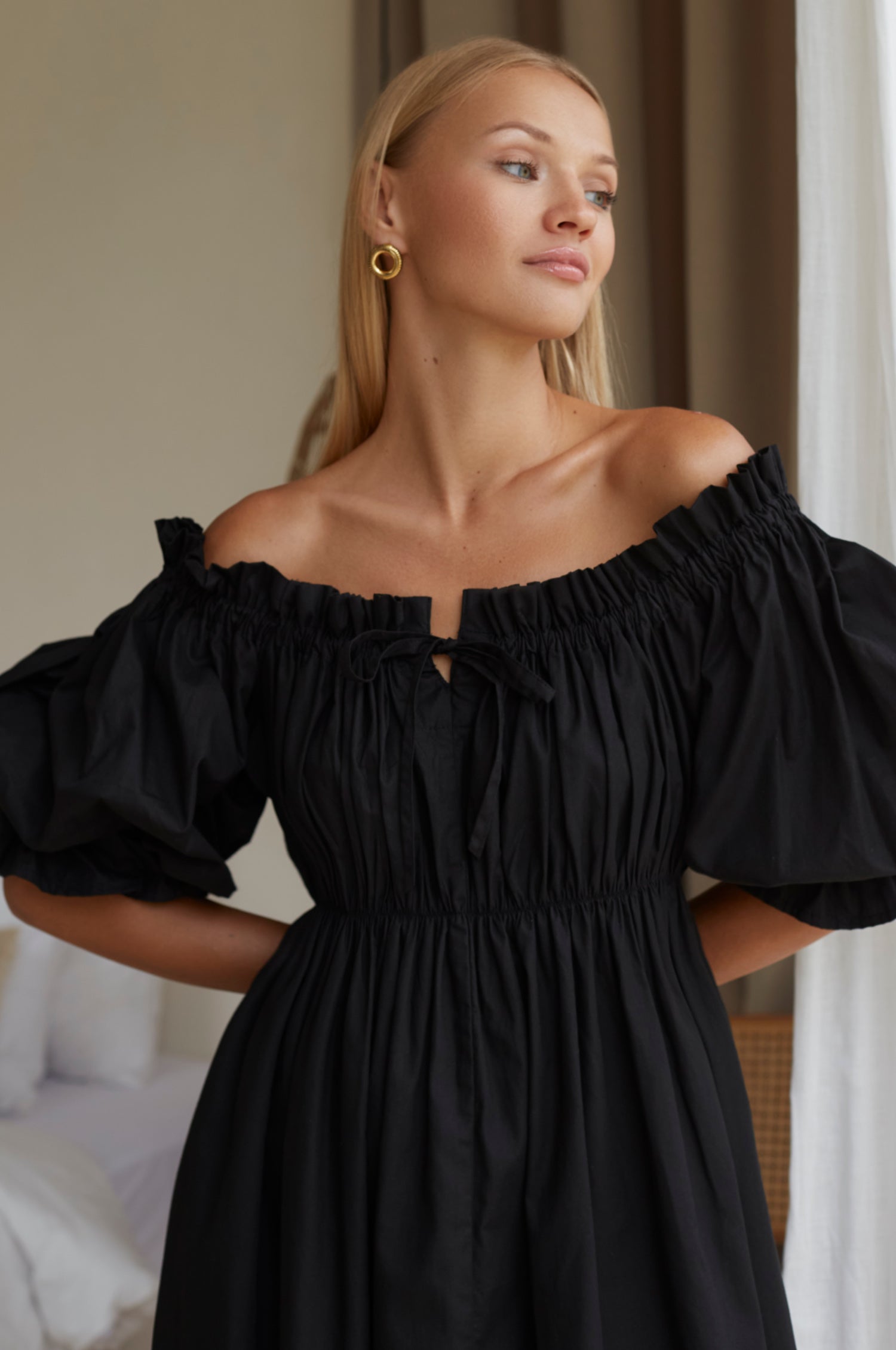 Vacay Off Shoulder Cotton Mini Dress - Black