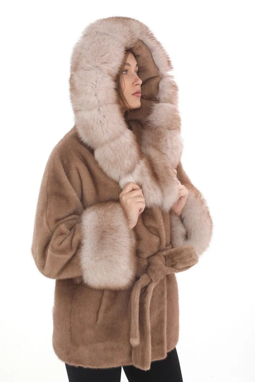 Natural Tan Fox Fur Coat with Belted Waist