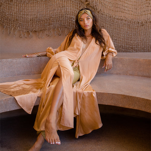 ASTRA – Silk Kaftan Wrap Dress – Peach