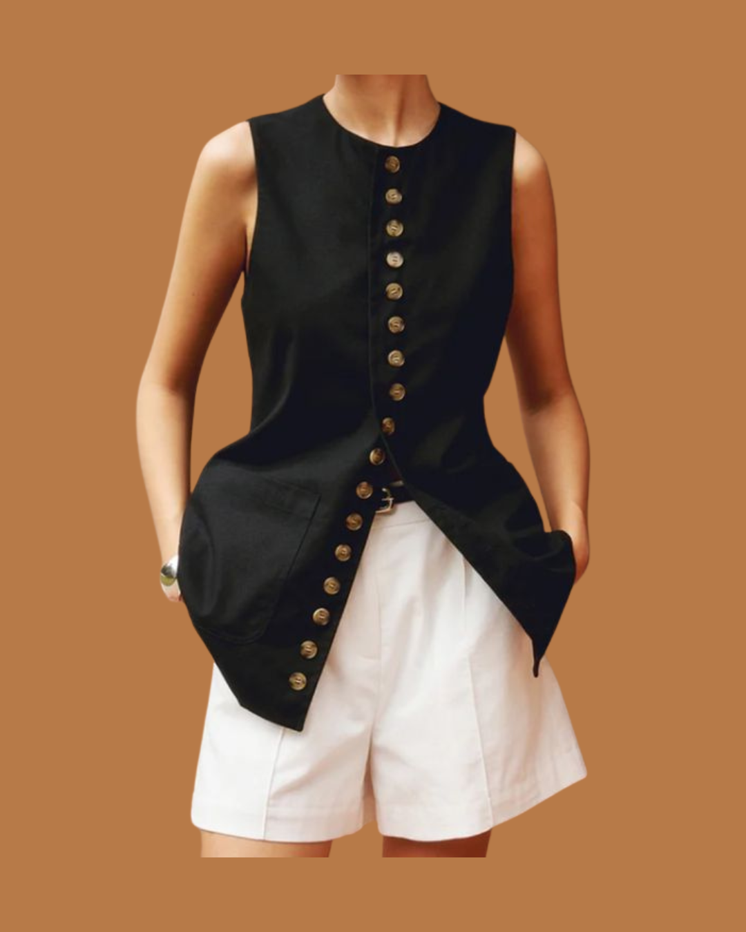 Amari Sculpted Sleeveless Top – Black Button-Front Linen Vest