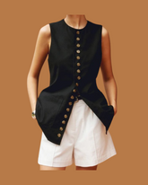 Amari Sculpted Sleeveless Top – Black Button-Front Linen Vest