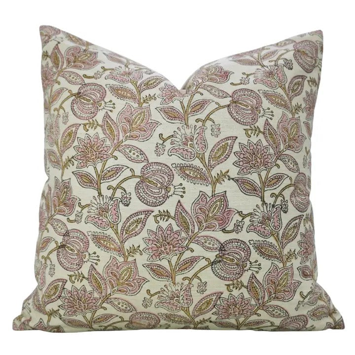 Natural Block Print Linen Blend Pillow Cover - Custard Apple