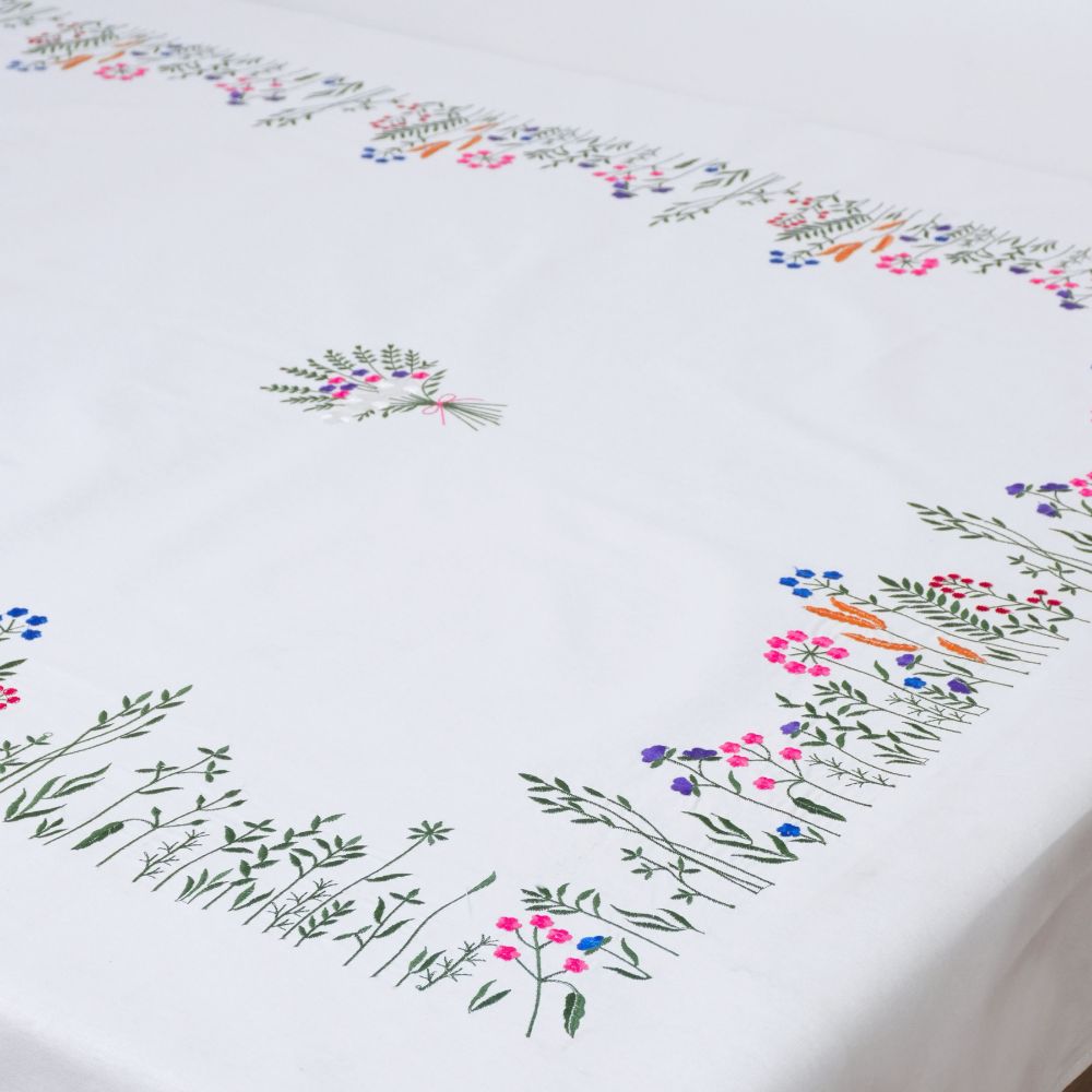 Premium Hand Floral Embroidered Cotton Tablecloth Size 76 x 56 Inches for Table Decor