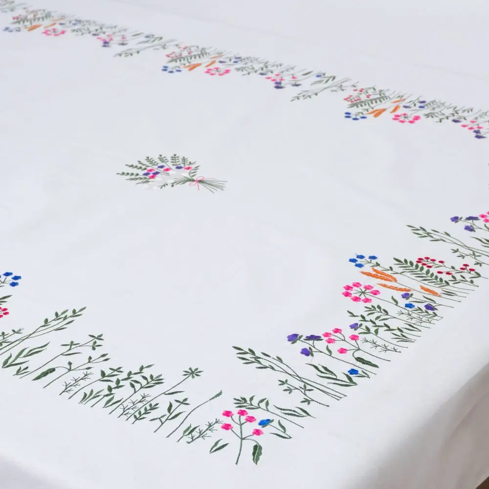 Premium Hand Floral Embroidered Cotton Tablecloth Size 76 x 56 Inches for Table Decor