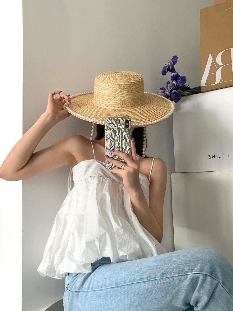 Flat top straw straw hat beach vacation sunshade pearl chain design straw hat for women