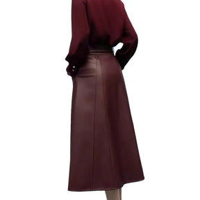 Genuine Sheep Leather Belted Midi Skirt