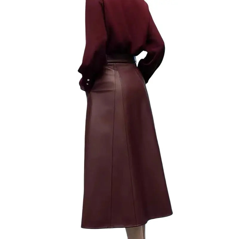 Genuine Sheep Leather Belted Midi Skirt