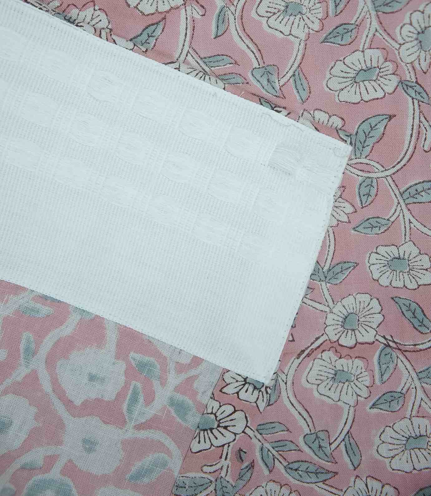 Floral Block Print Viscose Linen Curtain - Haridwar Gray and Pink Handcrafted Window Drape
