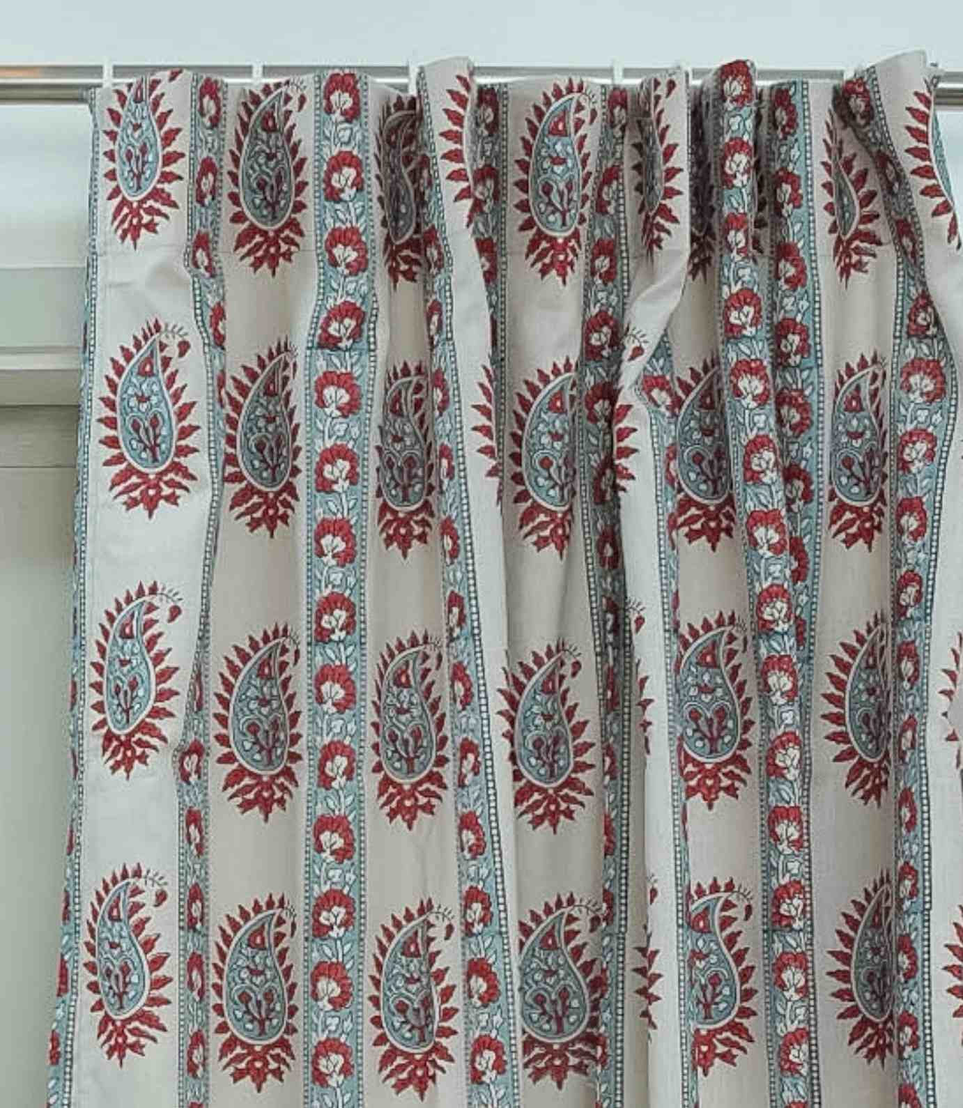 Hand Block Print Viscose Colored Linen Curtain Red Boho Drape - Lakshita