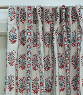 Hand Block Print Viscose Colored Linen Curtain Red Boho Drape - Lakshita