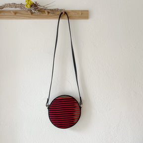 Black Genuine Leather & Striped Fabric Pattern Crossbody Bag
