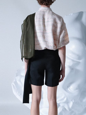 Green-stoled Pink Tweed Boxy Short Shirt
