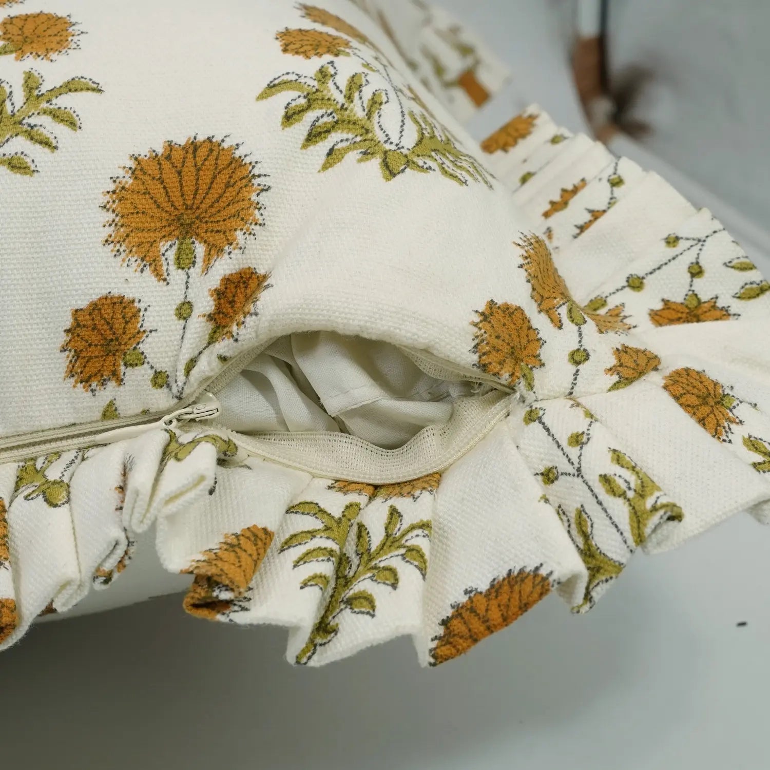 Handmade Floral Design Thick Cotton White Frill Pillow Cover - Rishi