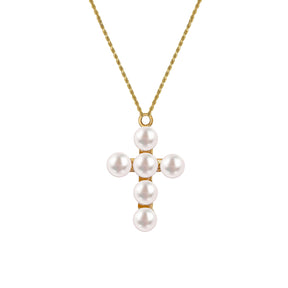 Pearl Cross Gold Charm Necklace