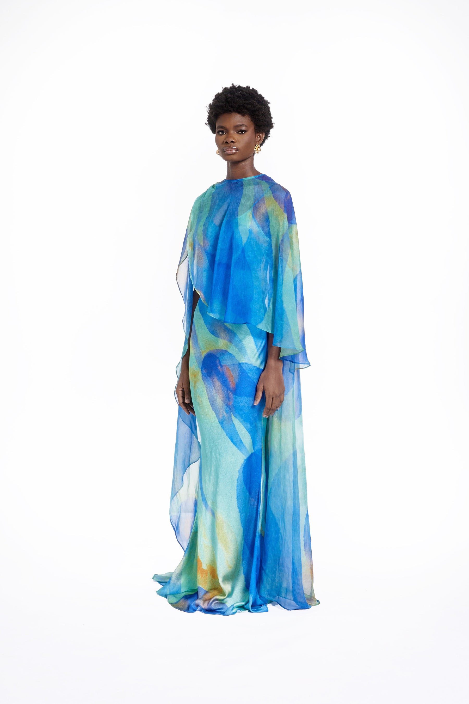 IRIS DRESS WITH CAPE- TURQUOISE CHEMI
