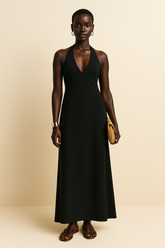 Sable Halter Maxi – Black Linen Evening Dress with Plunge Neck