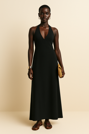 Sable Halter Maxi – Black Linen Evening Dress with Plunge Neck