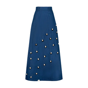 Cowrie Shell Embellished Denim Maxi Skirt