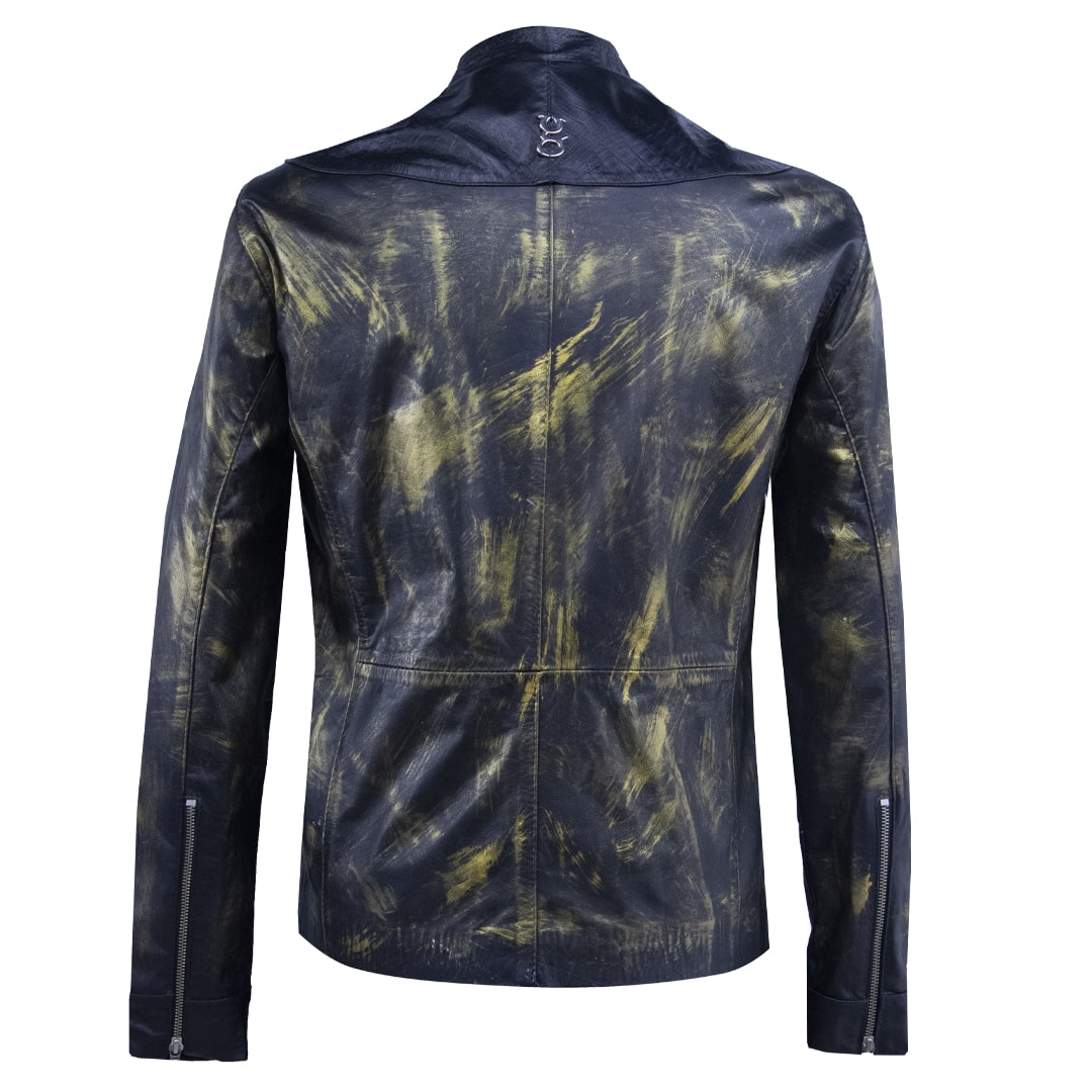 Black leather jacket with textured cut and gold paint details