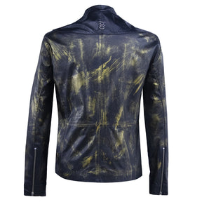 Black leather jacket with textured cut and gold paint details