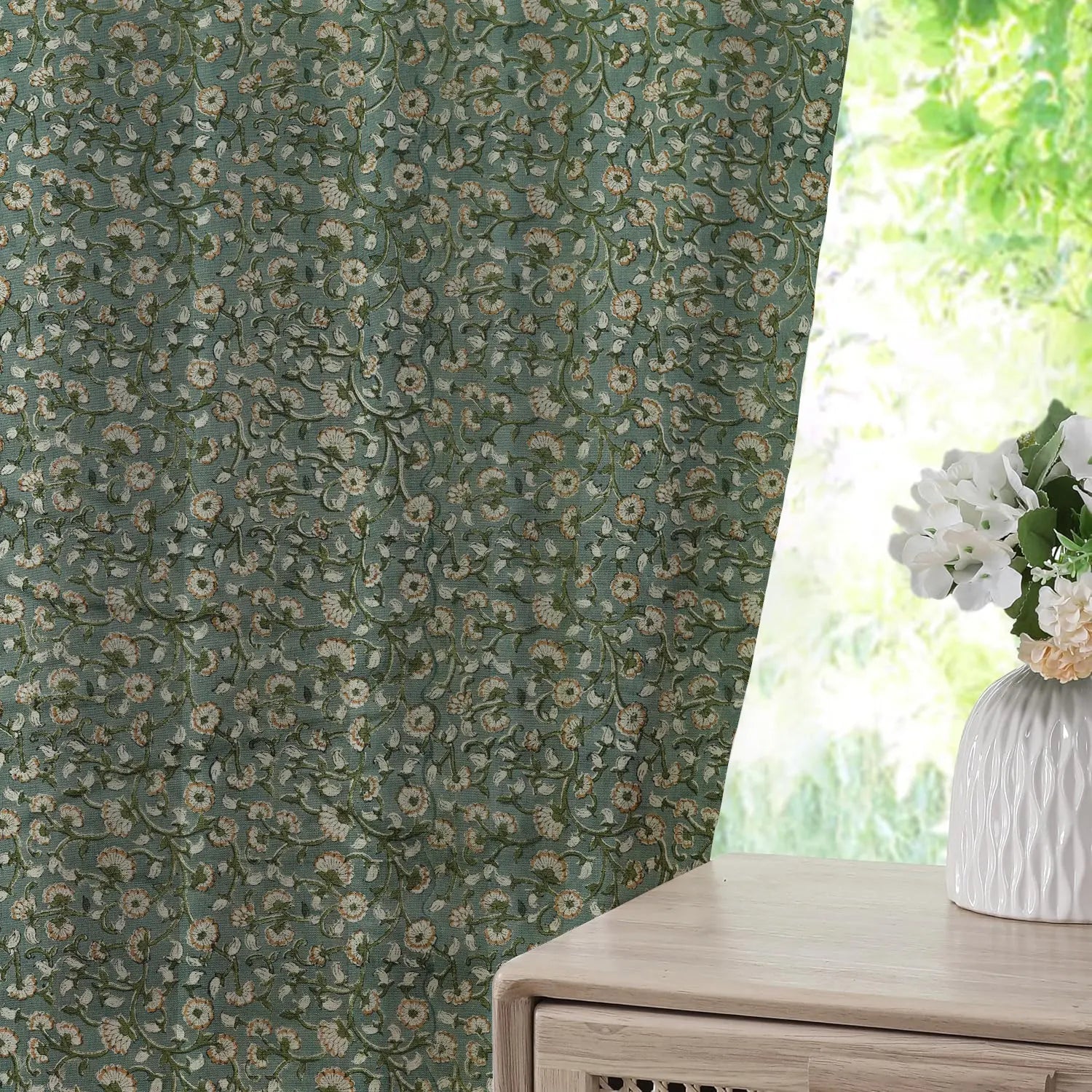 Hand Block Printed Pure Linen Pleated Curtain -himachal