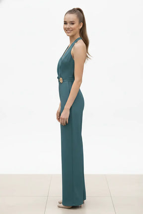 Sea-green Halter Jumpsuit – Gold Brooch