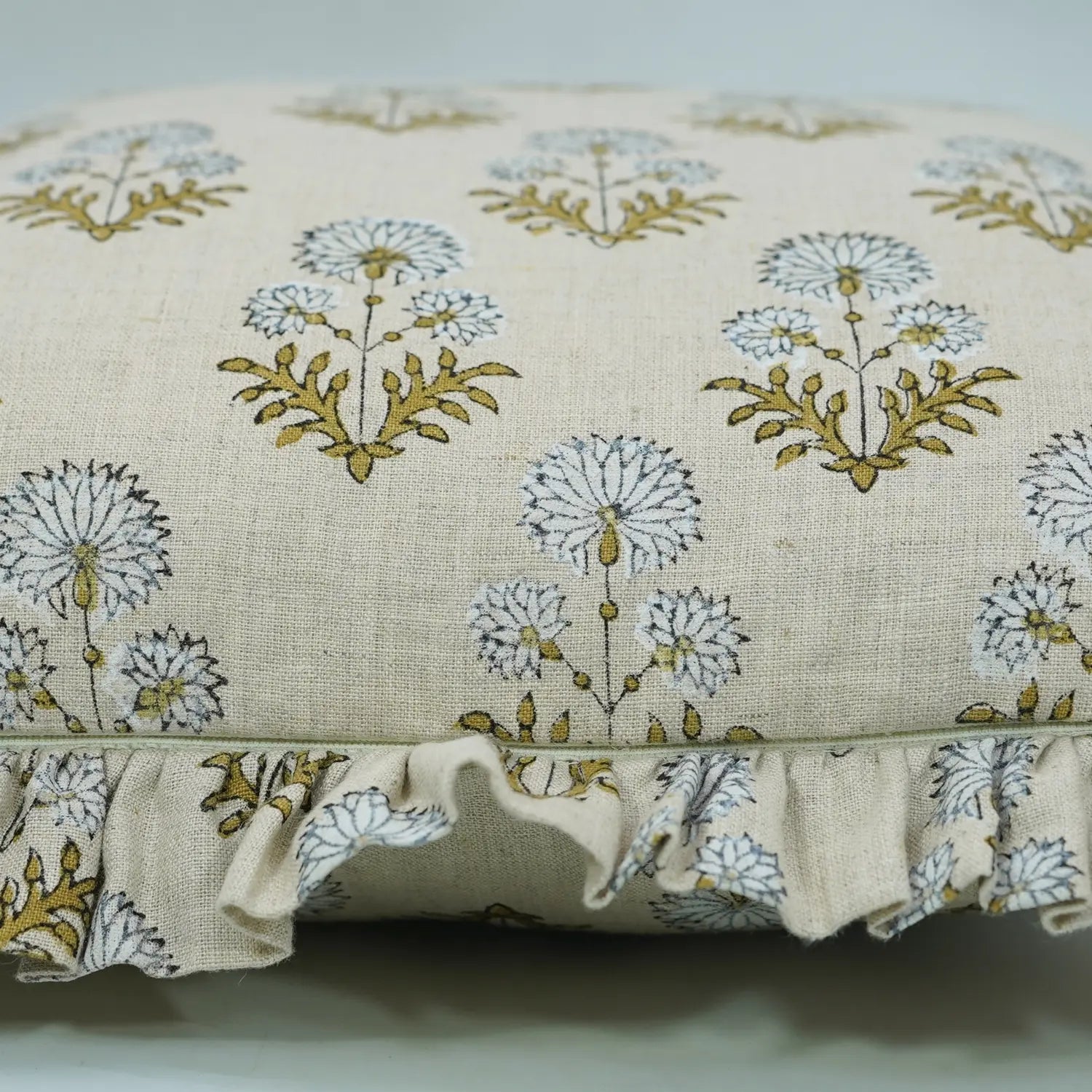 Stylish Hand Block Print Pure Linen Frill Pillow Cover - Rishi