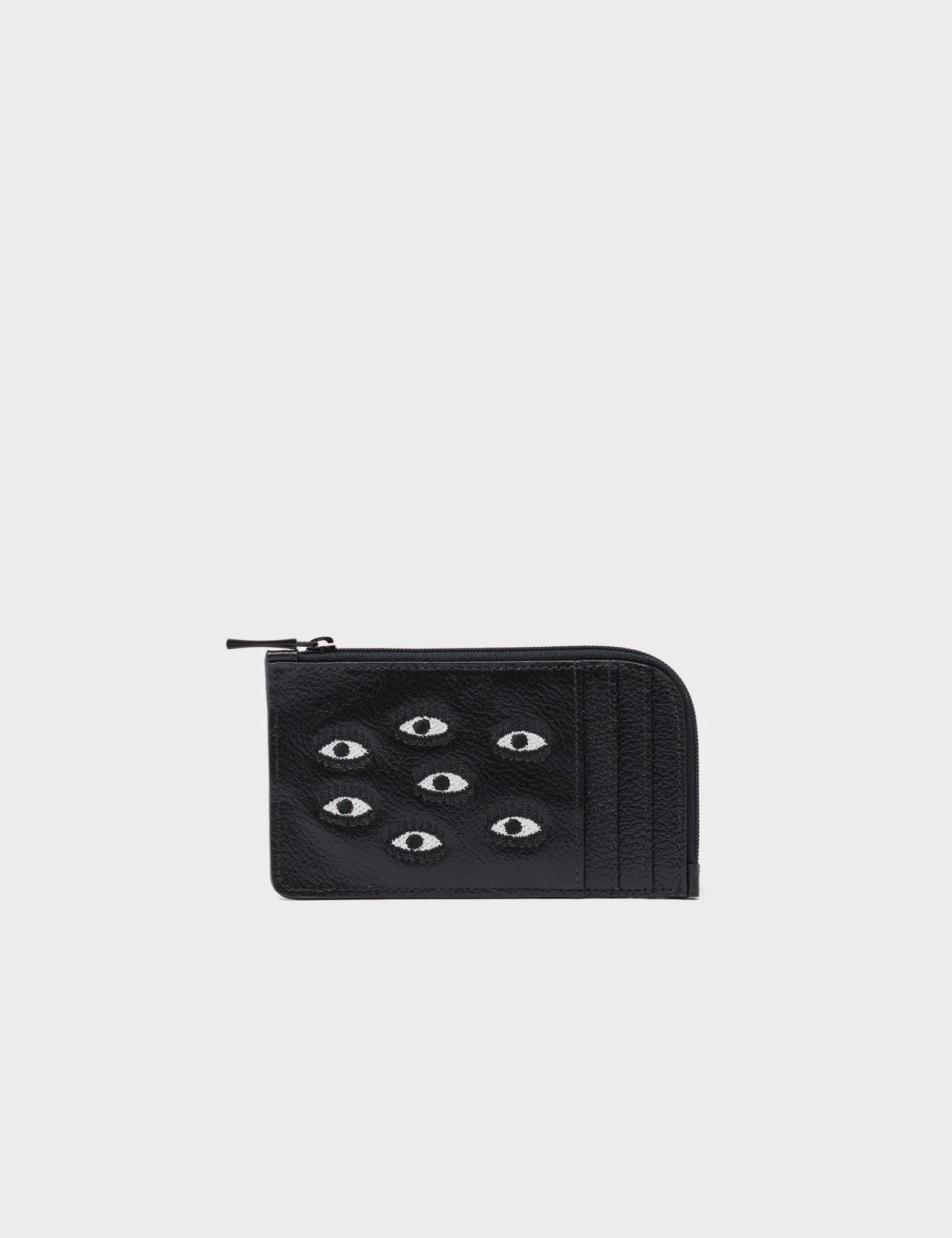 Fausto Black Leather Zip-around Cardholder - All Over Eyes Embroidery