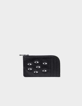 Fausto Black Leather Zip-around Cardholder - All Over Eyes Embroidery