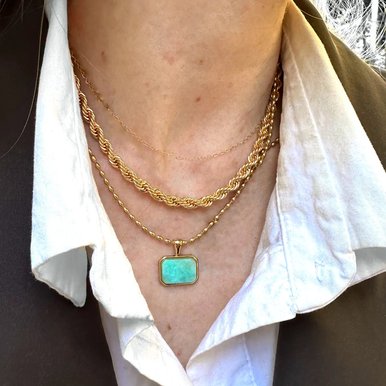 Amazonite Gemstone Necklace Gold Layering Pendant