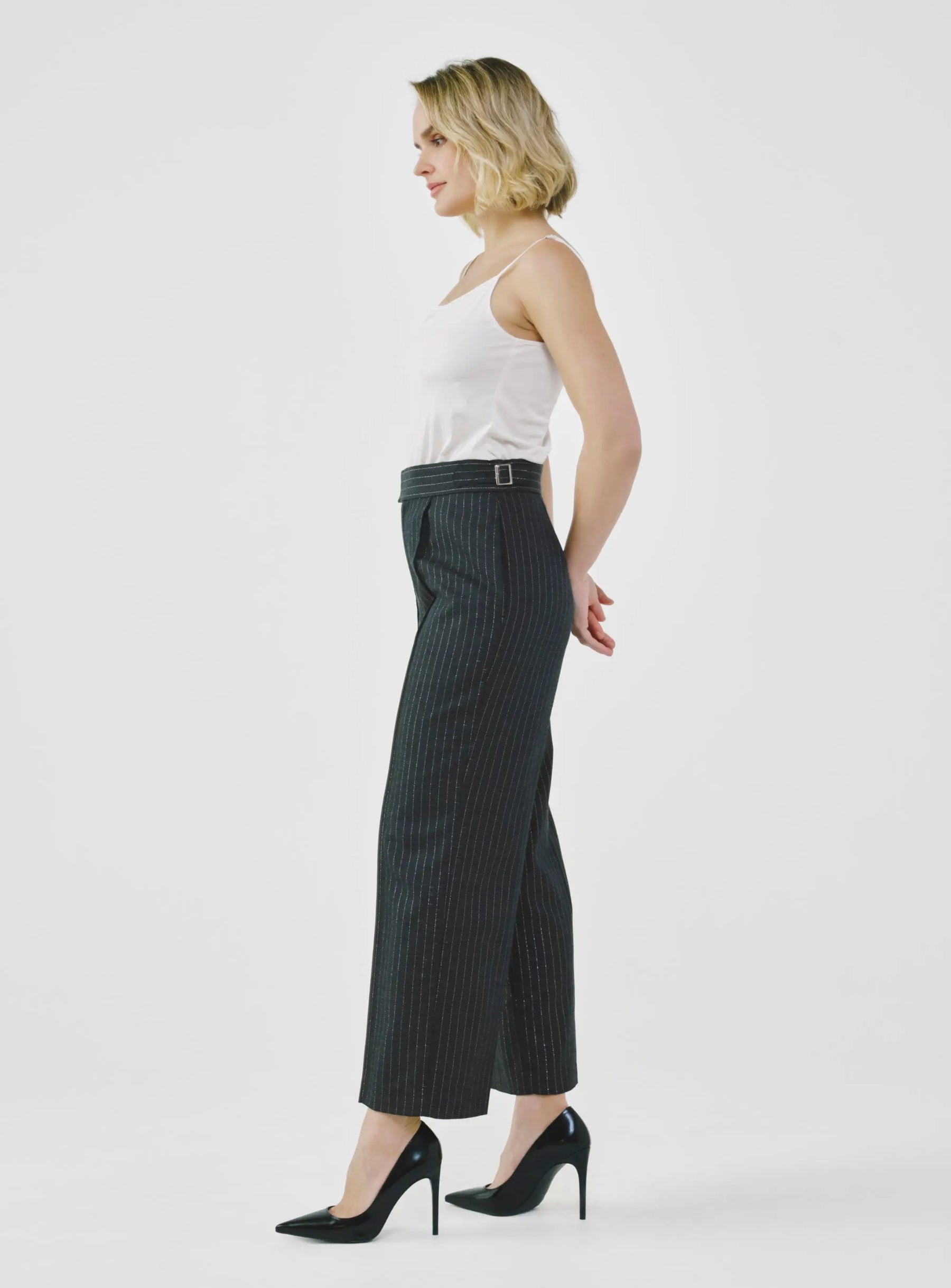 Pinstripe High-Waist Tailored Pants
