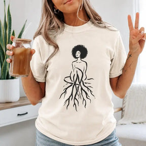 Grounded Woman Rooted Tree Line Art Graphic T-Shirt | Ivory Mindful Self Care Cotton Tee