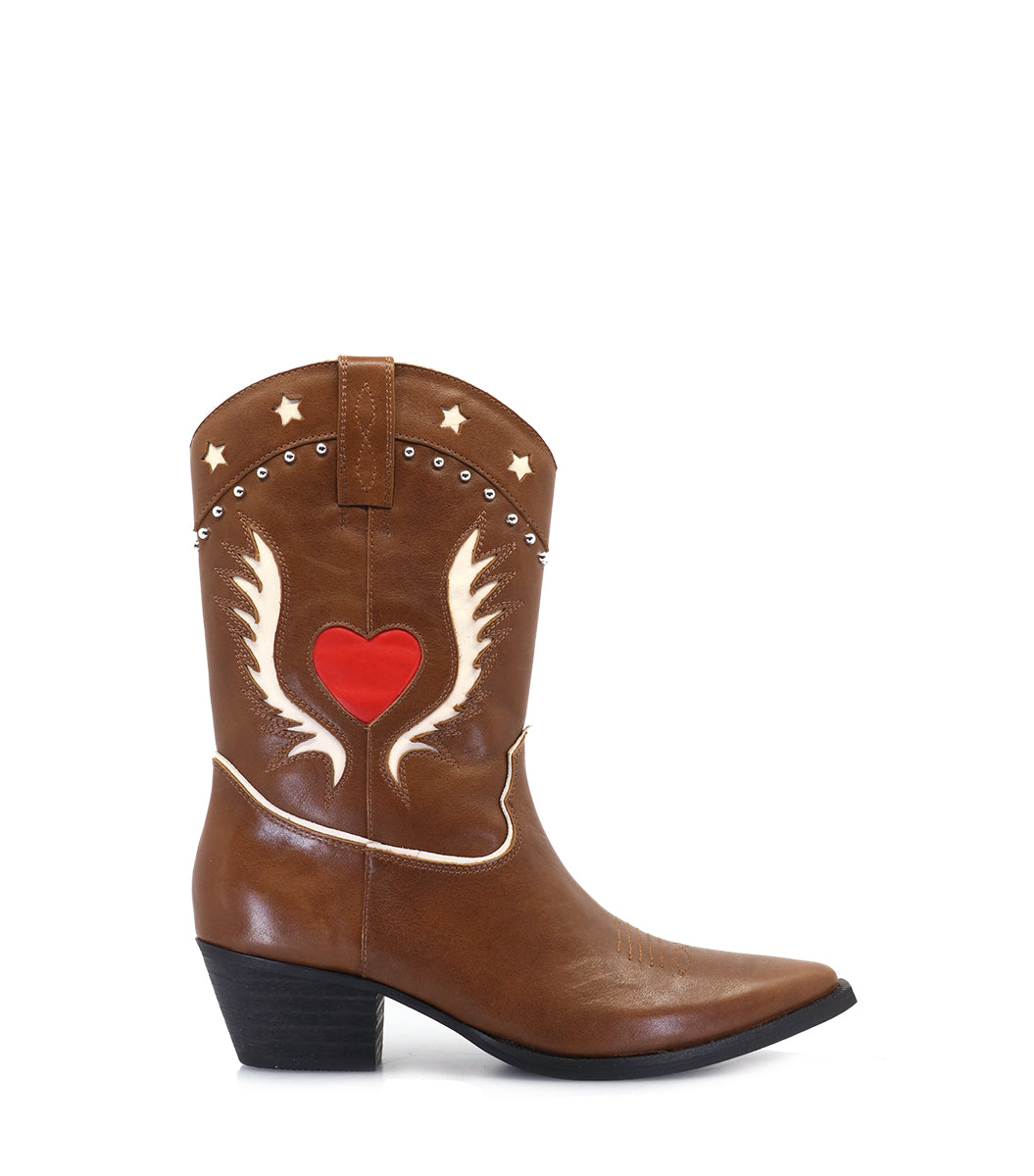 Texas Heart & Star Leather Brown Boots Shirp