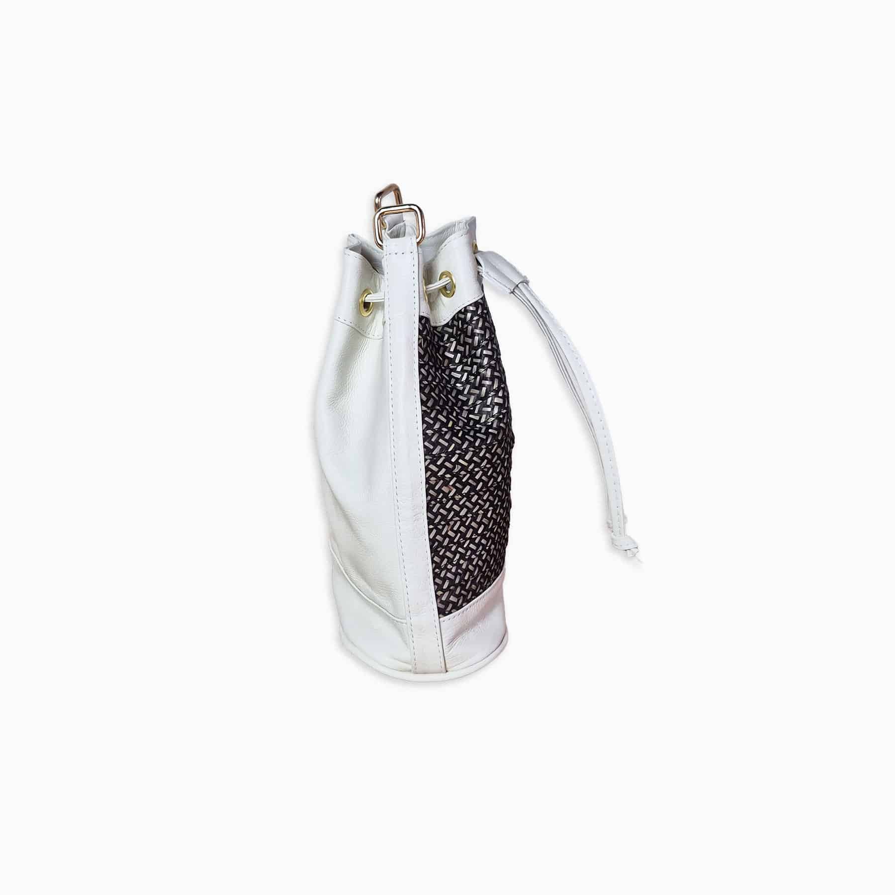 Beige Leather Bucket Terra Bag – Handmade Crossbody & Handbag, Ethical Palm Weave Bucket bag for Women