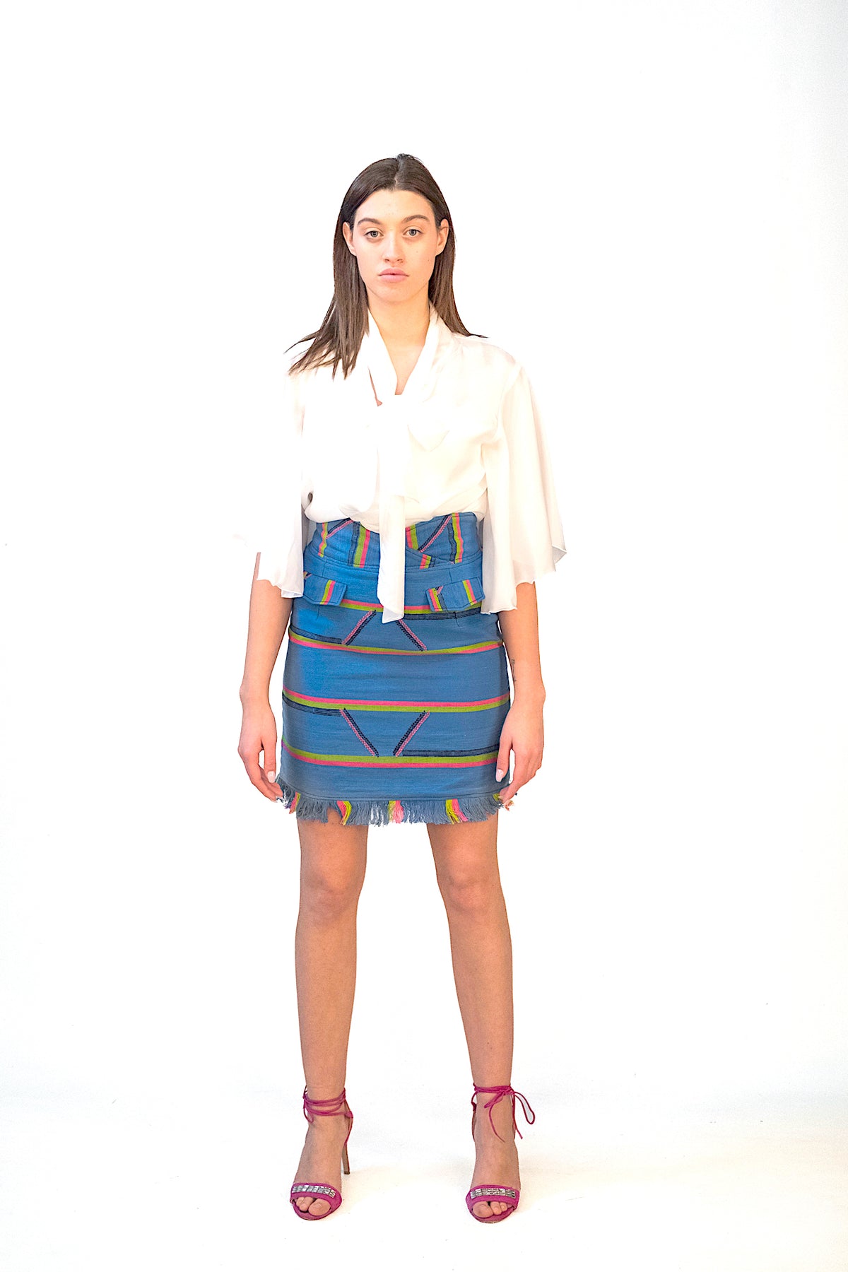 SENTIMENTO, Sky blue High waist pencil skirt with fringes