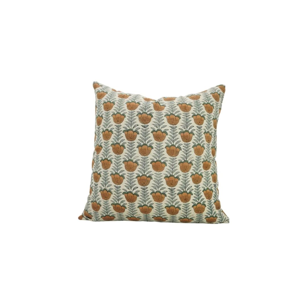Unique Block Print Linen Blend Pillow Cover - Lotus