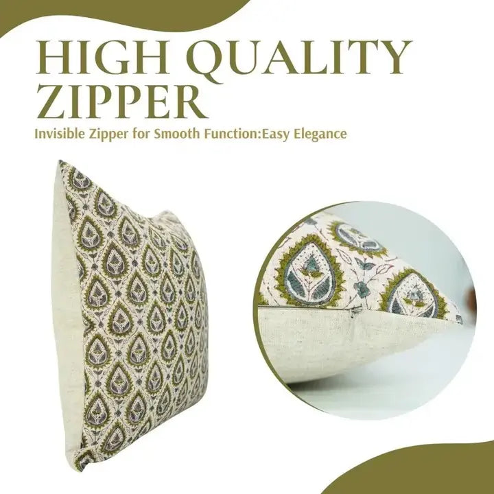 Natural Handmade Block Print Viscose Linen Pillow Cover - Pan Patti