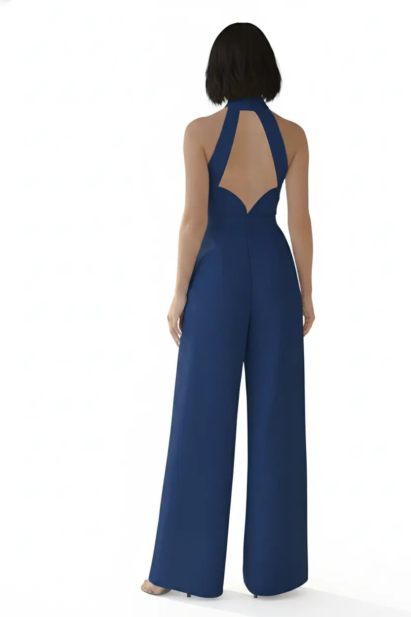 Ink Blue High-collar Slit-leg Jumpsuit