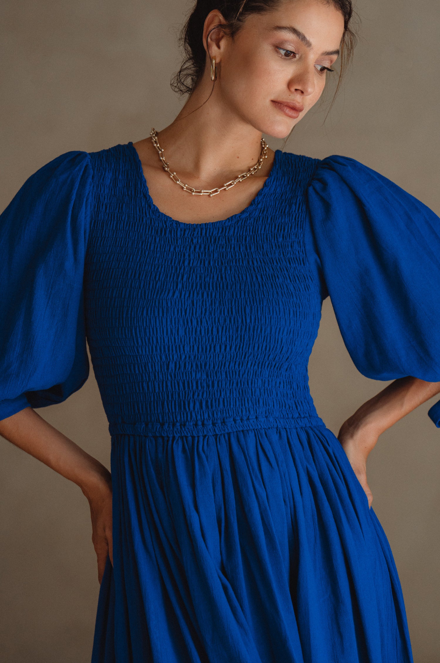 Freya Smocked Linen Midi Dress - Sapphire