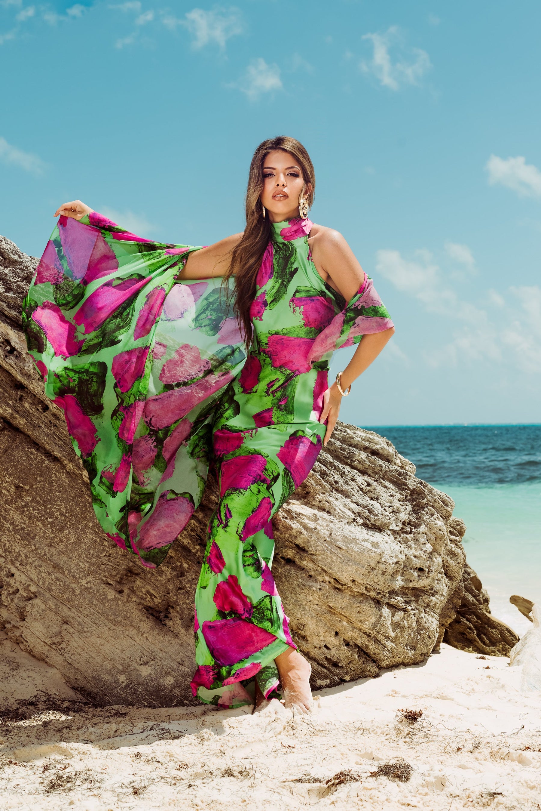 Green Magenta Blocks High Neck Bias Cut Dress