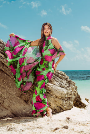 Green Magenta Blocks High Neck Bias Cut Dress