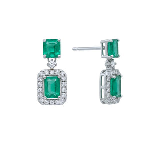 Emerald Cut Emerald & Diamond Halo Drop Earrings