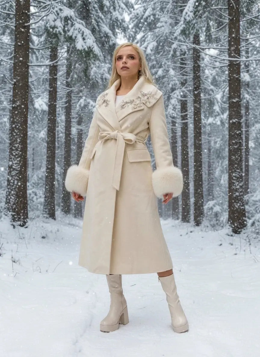 Luxurious White Coat: A Masterpiece of Cashmere and Fur