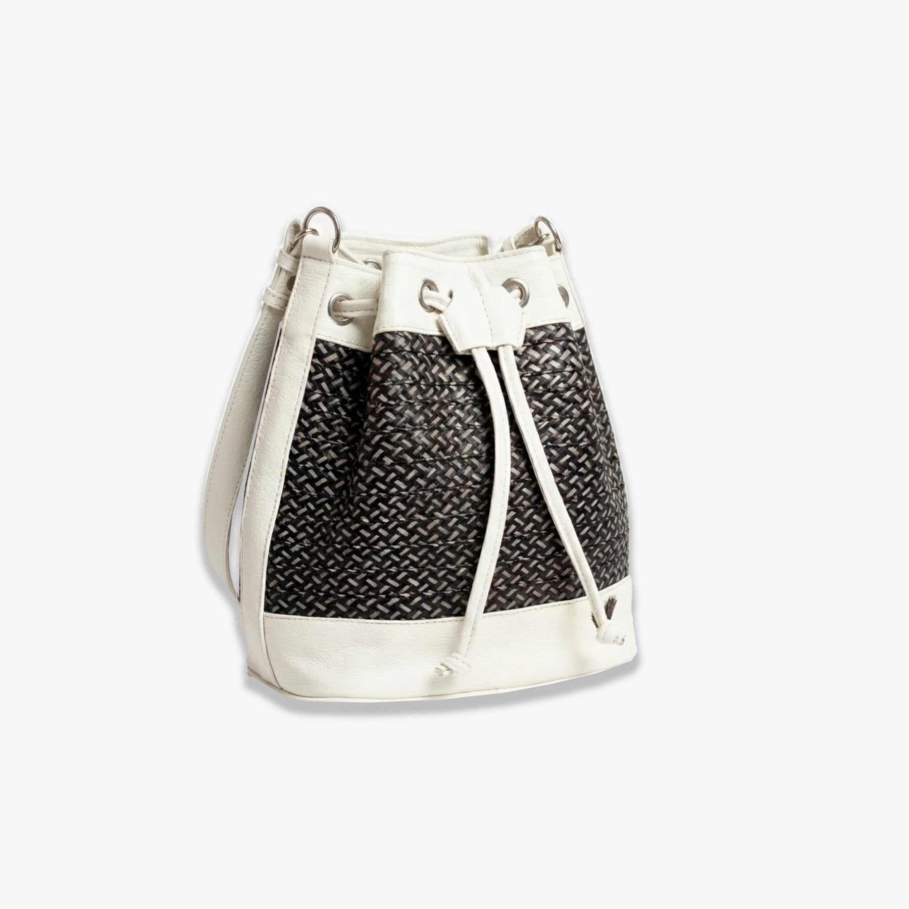 Beige Leather Bucket Terra Bag – Handmade Crossbody bag, Ethical Palm Weave Bucket bag for Women