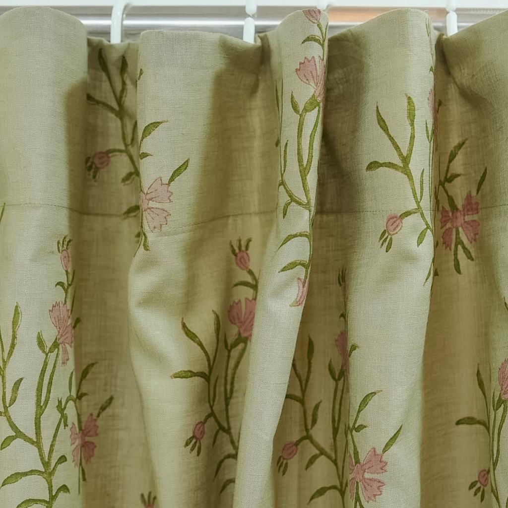 Handcrafted Floral Block Print Viscose Linen Green Curtains Panel - Daisy